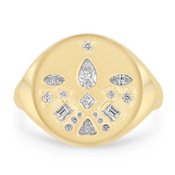 14K DIAMOND MOSAIC BRUSHED GOLD ROUND SIGNET RING - Picture 1 of 9
